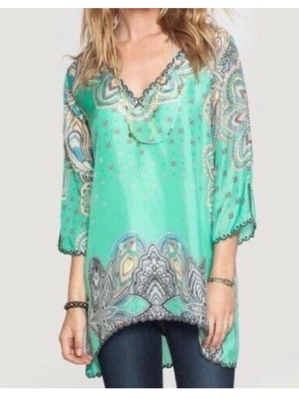 JOHNNY WAS SILK Mint Green Boho Paisley V-Neck Tunic